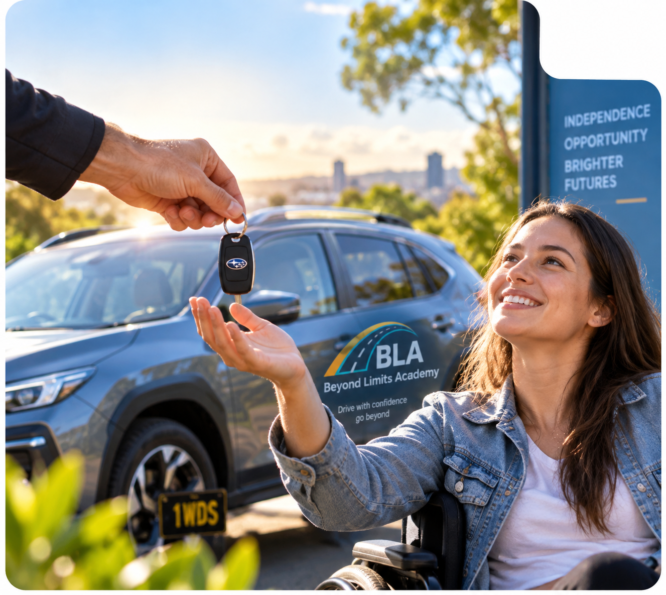 A learner receiving car keys beside a Beyond Limits Academy vehicle