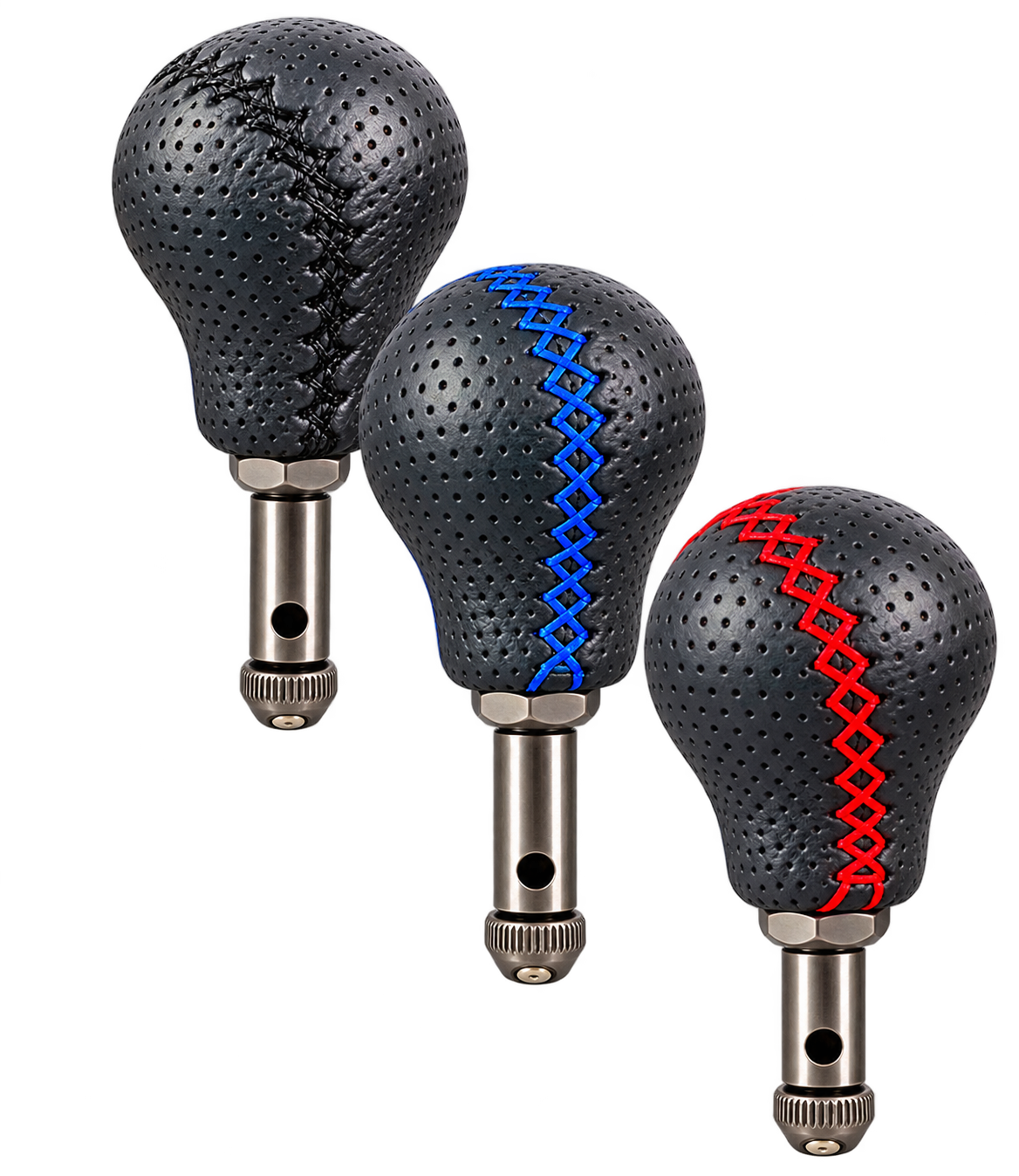 Three padded steering spinner grips with black, blue and red stitching