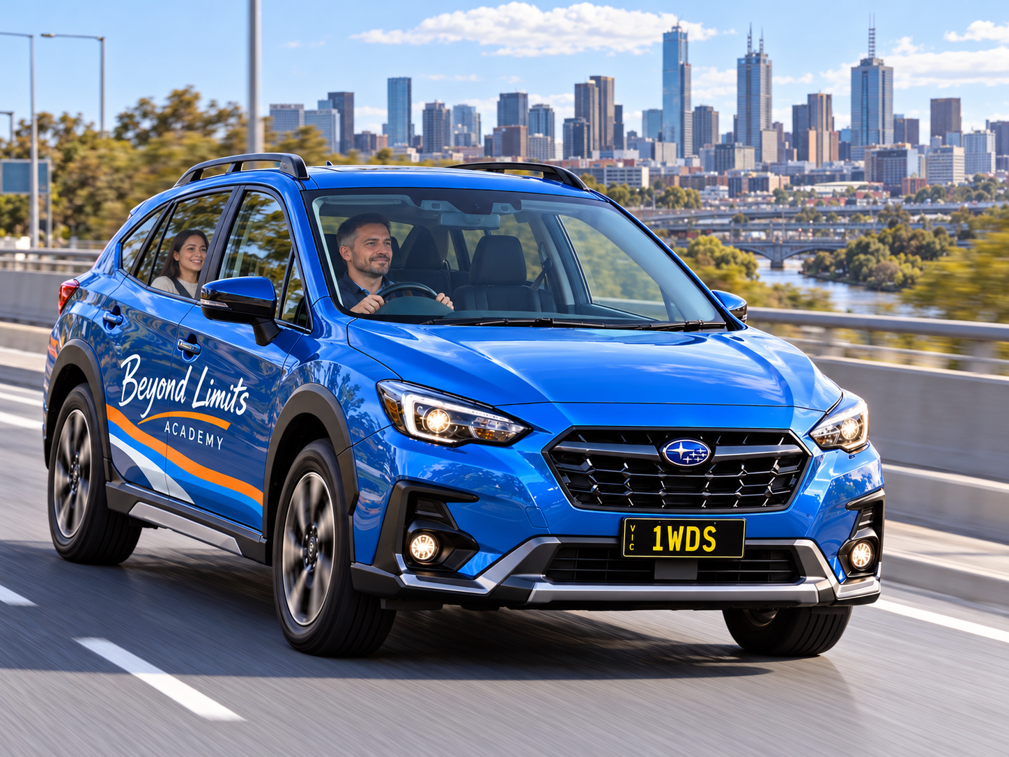 Blue Beyond Limits Academy Subaru travelling on a Melbourne freeway with a driver and rear-seat customer