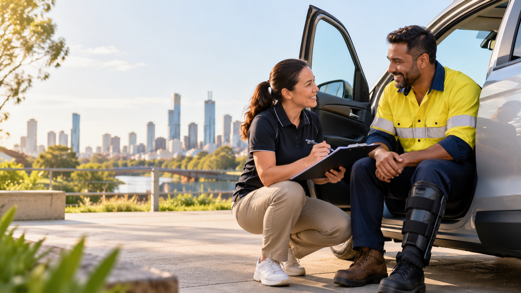 Worker with a leg brace discussing return-to-driving support beside a vehicle